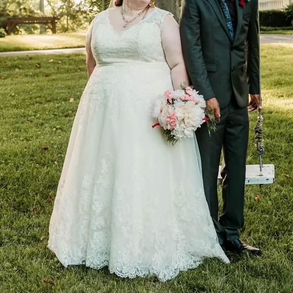 Ivory/Champagne V-neck Scalloped Lace Wedding Dress - Picture 9 of 12